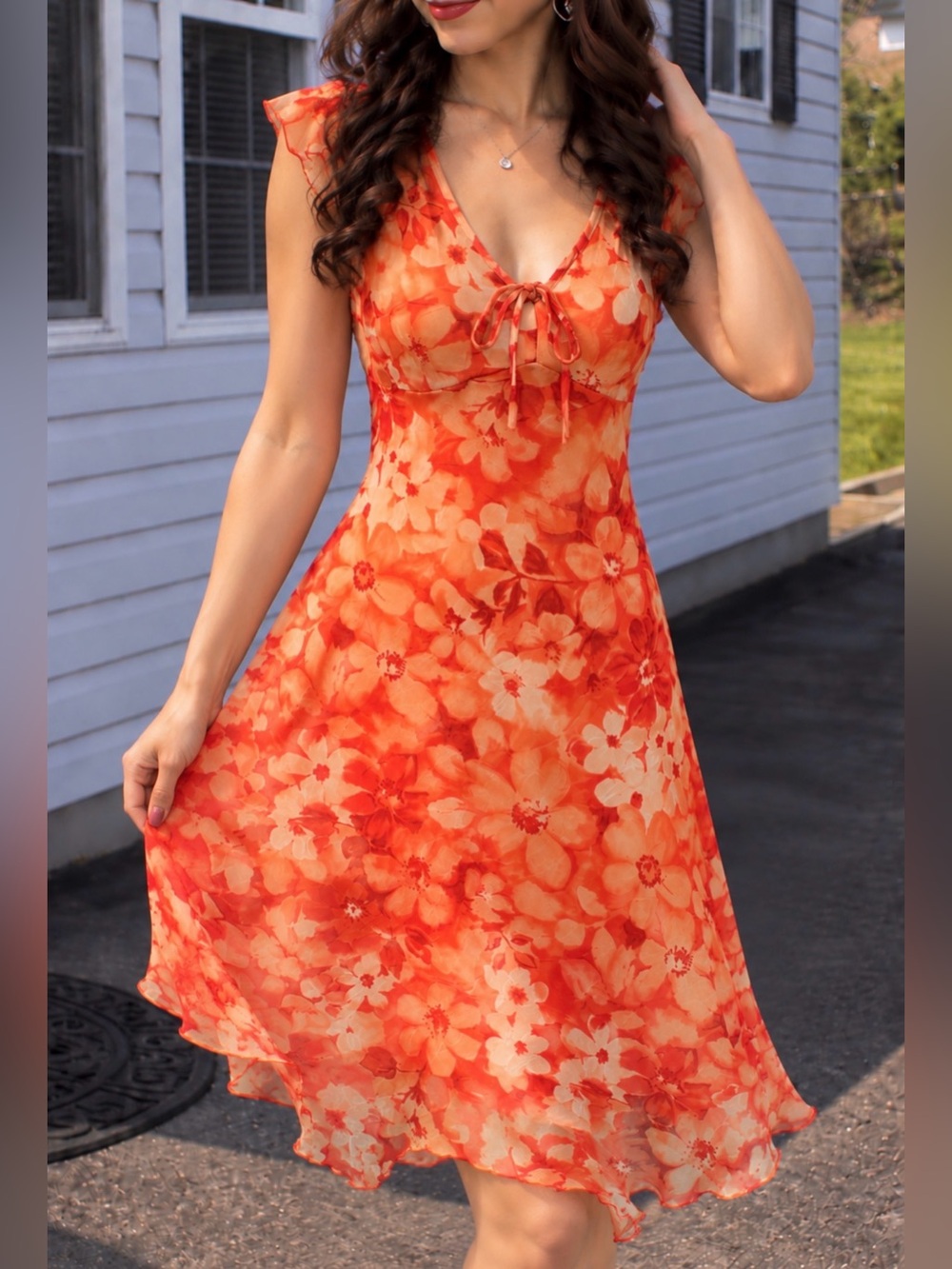 Iz Byer Orange Floral Tie-Front Midi Dress
